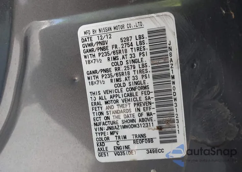 2013 Nissan Murano S z USA, uszkodzony, nr VIN JN8AZ1MW0DW312311